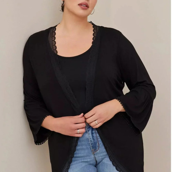 Torrid Super Soft Cardigan Lace Trim Ruffle 3/4 Sleeve Open Front Black Plus 4X - Picture 1 of 9